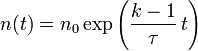 n(t)=n_0\exp{\left({{k-1} \over {\tau}}\,t \right)}