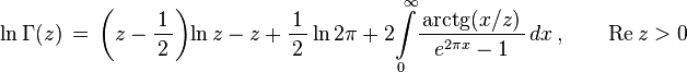 
\ln\Gamma(z) \, =\, \left(z-{\frac{1}{\,2\,}}\right)\!\ln z -z +{\frac{1}{\,2\,}}\ln2\pi
+2\!\int\limits_0^{\,\infty} \!\frac{\,\operatorname{arctg}(x/z)\,}{e^{2\pi x}-1}\, dx\,,\qquad \operatorname{Re}{z}>0
