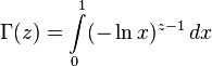 \Gamma(z)=\int\limits_0^1 (-\ln{x})^{z-1} \, dx 