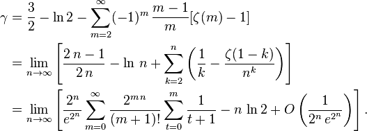 \begin{align} \gamma &= \frac{3}{2}- \ln 2 - \sum_{m=2}^\infty (-1)^m\,\frac{m-1}{m} [\zeta(m)-1] \\
 &= \lim_{n \to \infty} \left [ \frac{2\,n-1}{2\,n} - \ln\,n + \sum_{k=2}^n \left ( \frac{1}{k} - \frac{\zeta(1-k)}{n^k} \right ) \right ] \\
 &= \lim_{n \to \infty} \left [ \frac{2^n}{e^{2^n}} \sum_{m=0}^\infty \frac{2^{m \,n}}{(m+1)!} \sum_{t=0}^m \frac{1}{t+1} - n\, \ln 2+ O \left ( \frac{1}{2^n\,e^{2^n}} \right ) \right ].\end{align} 