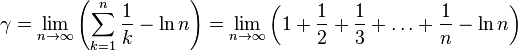\gamma = \lim_{n\to\infty} \left( \sum_{k=1}^{n}{1\over k} - \ln n \right)=\lim_{n\to\infty} \left( 1+\frac12+\frac13+\ldots+\frac1n - \ln n \right)