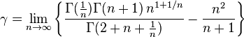 \gamma = \lim_{n \to \infty} \left \{\frac{ \Gamma(\frac{1}{n}) \Gamma(n+1)\, n^{1+1/n}}{\Gamma(2+n+\frac{1}{n})} - \frac{n^2}{n+1} \right\}