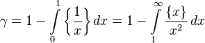 \gamma = 1-\int\limits_0^1\left\{\frac{1}{x}\right\}dx = 1-\int\limits_{1}^\infty\frac{\{x\}}{x^2}\,dx