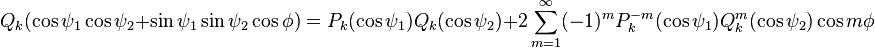 Q_k (\cos\psi_1\cos\psi_2 + \sin\psi_1\sin\psi_2\cos\phi) = P_k(\cos\psi_1)Q_k(\cos\psi_2) + 2\sum\limits_{m=1}^\infty (-1)^m P_k^{-m}(\cos\psi_1)Q_k^m(\cos\psi_2)\cos m\phi