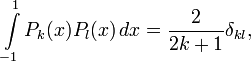 \int\limits_{-1}^1 P_k(x)P_l(x)\,dx=\frac{2}{2k+1}\delta_{kl},